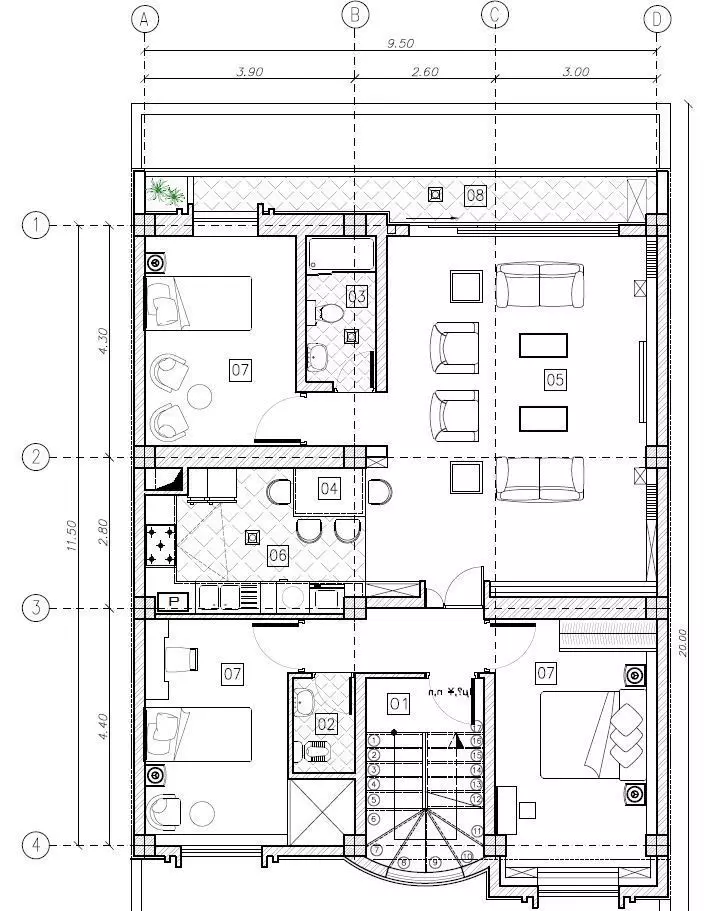 Modern Apartment Floor Plan 3 Bedroom Layout 3D model_2