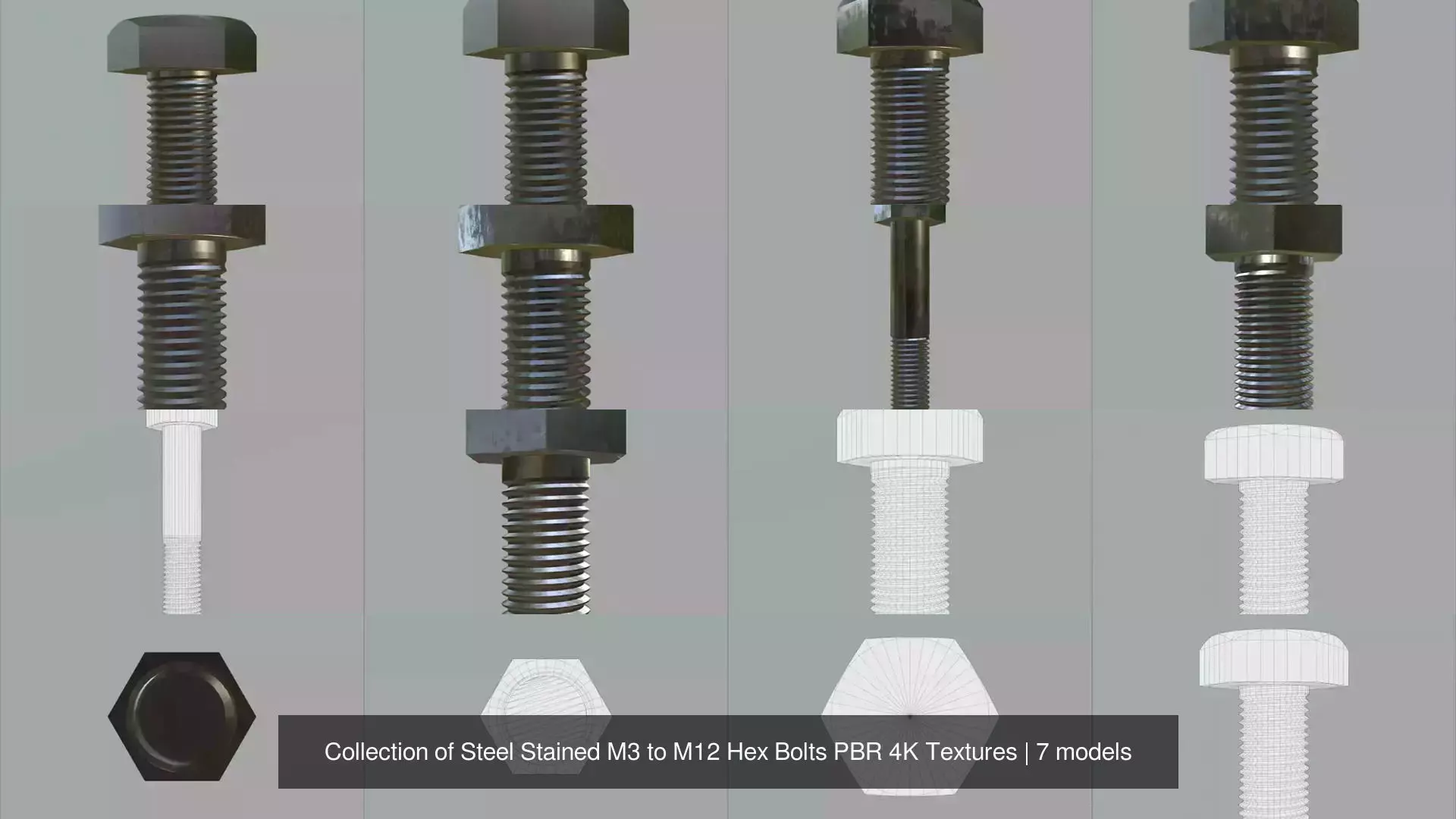 Collection of Steel Stained M3 to M12 Hex Bolts PBR 4K Textures _1
