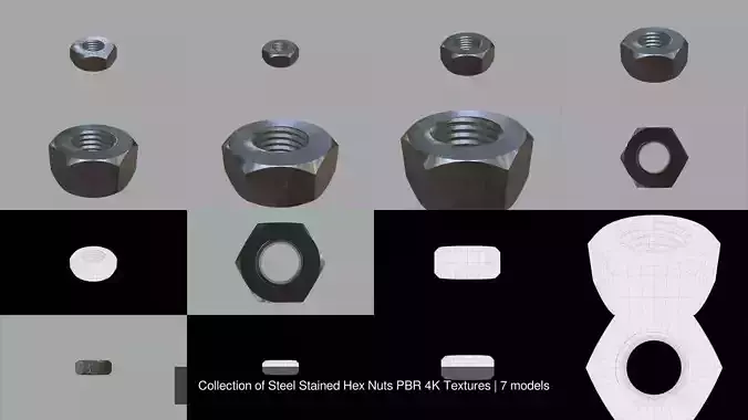 Collection of Steel Stained Hex Nuts PBR 4K Textures