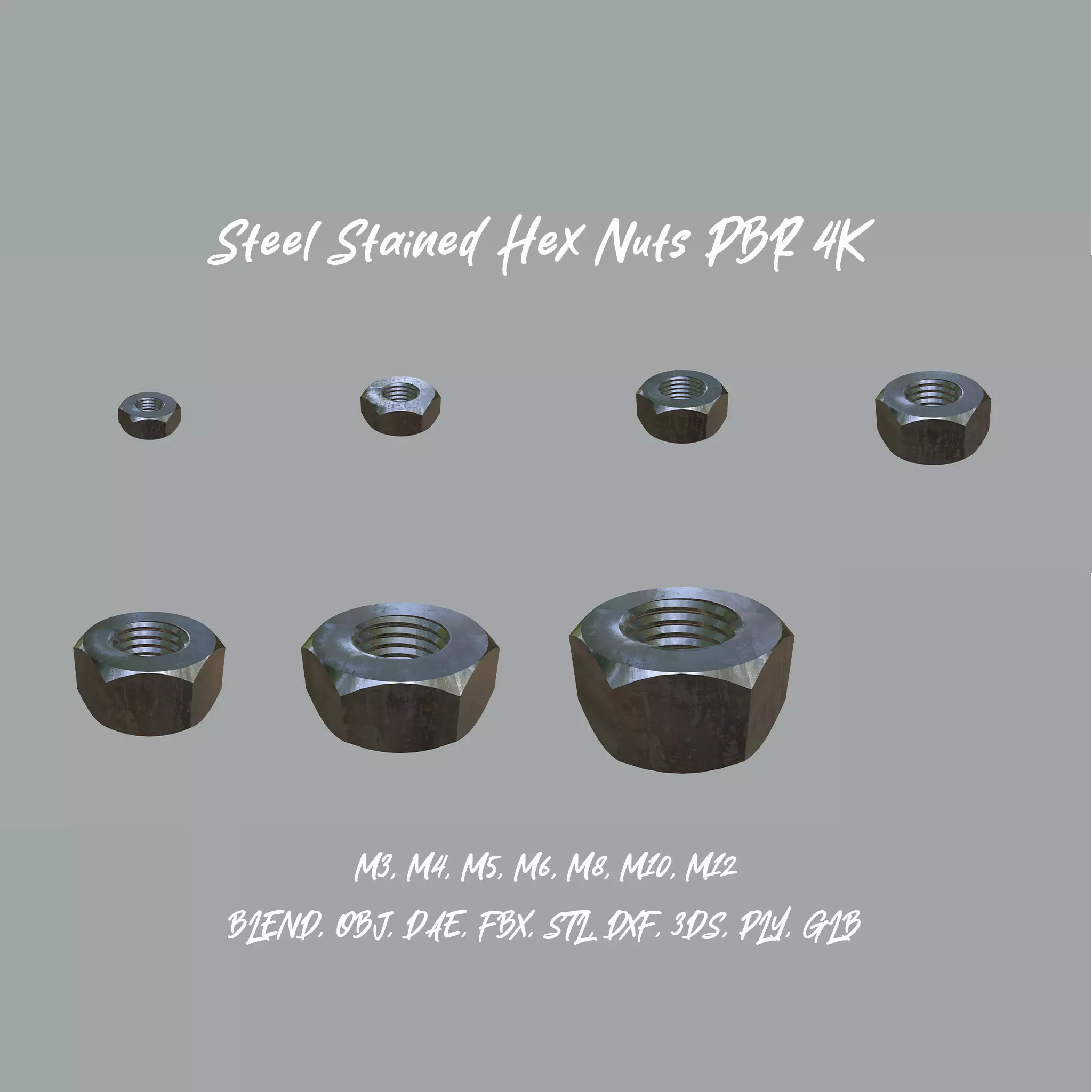 Collection of Steel Stained Hex Nuts PBR 4K Textures _0
