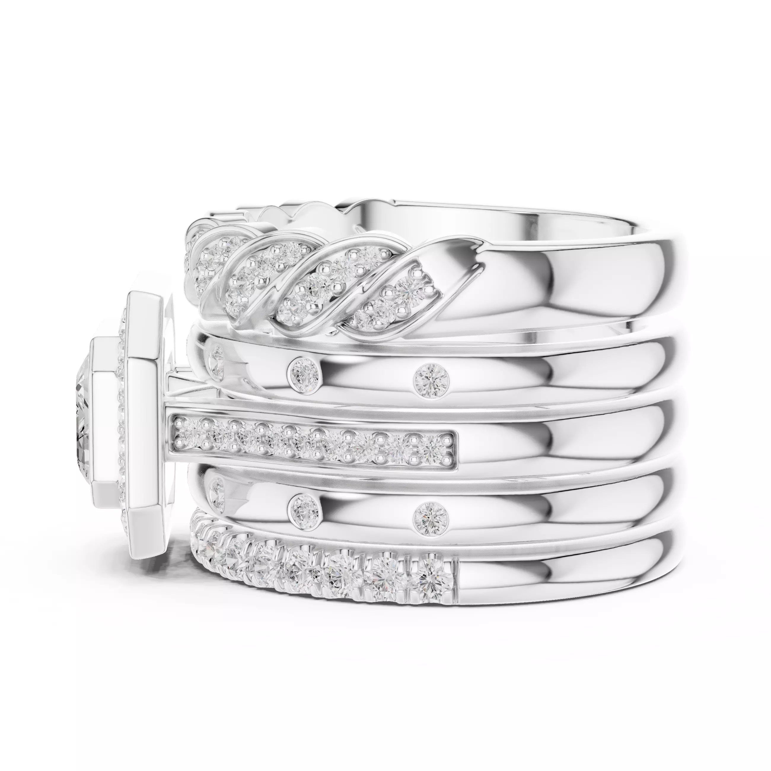 Five Band Looking Set Emerald Cut Bezel Set Ring 3DM STL Video 3D print model_13