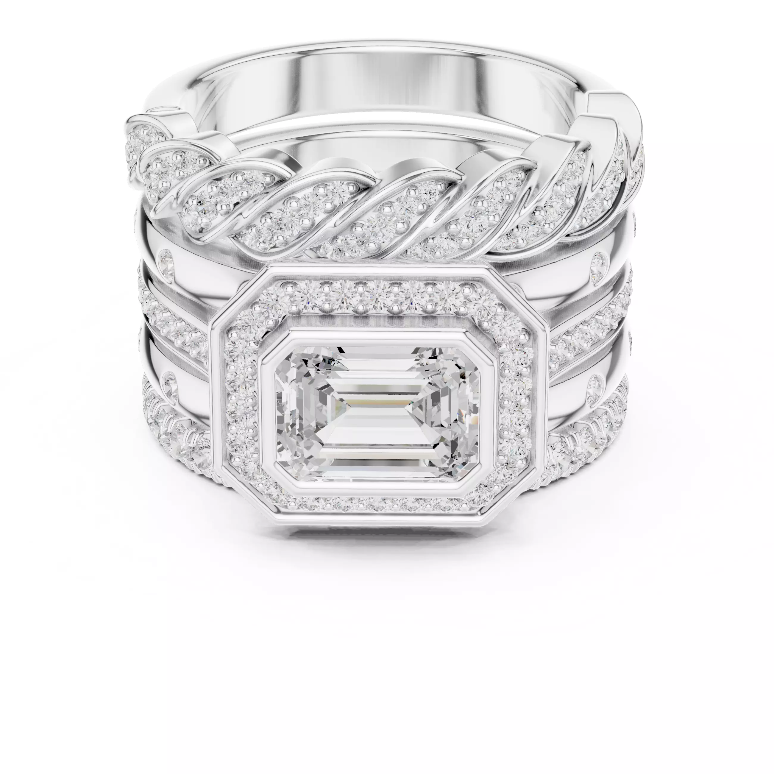 Five Band Looking Set Emerald Cut Bezel Set Ring 3DM STL Video 3D print model_14