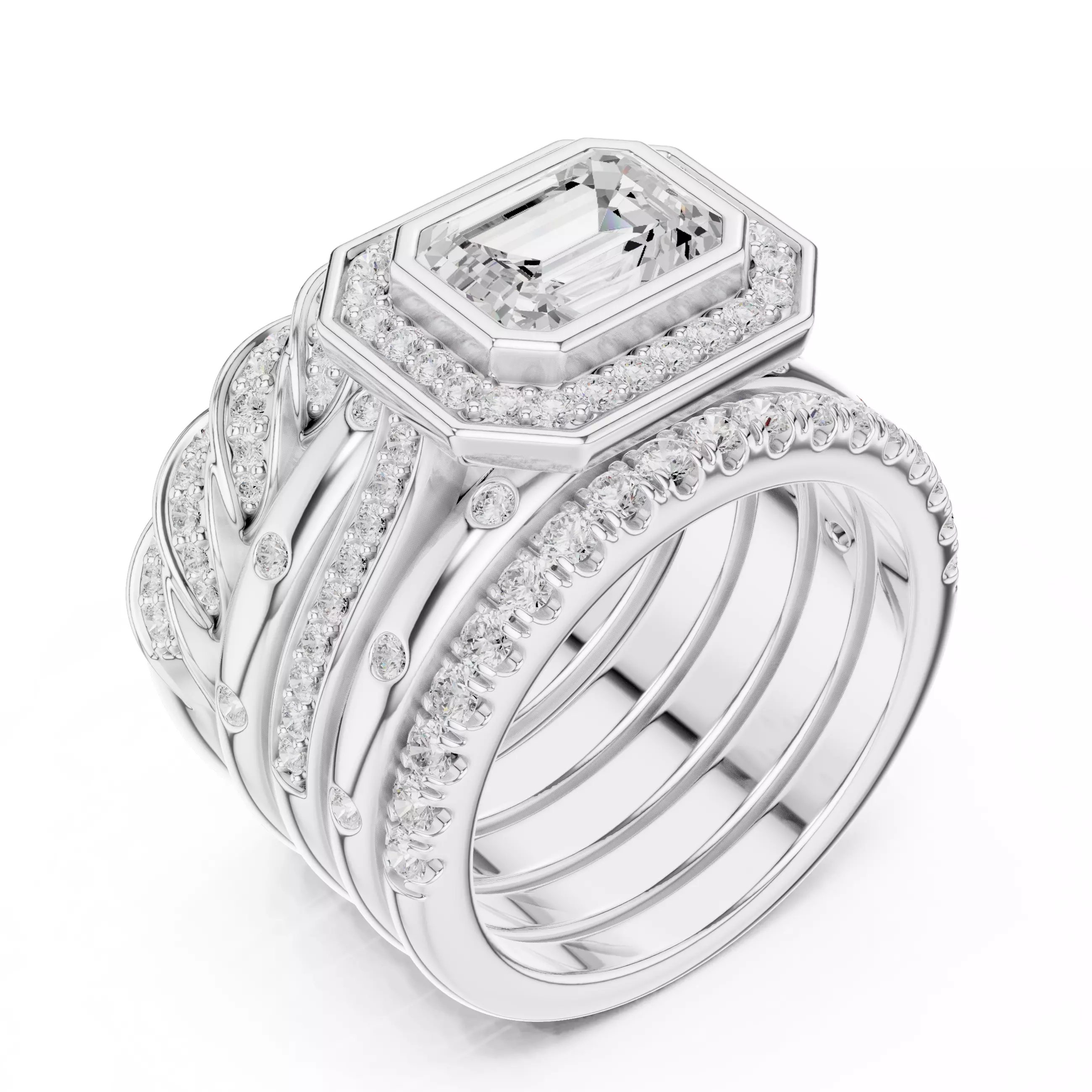 Five Band Looking Set Emerald Cut Bezel Set Ring 3DM STL Video 3D print model_12