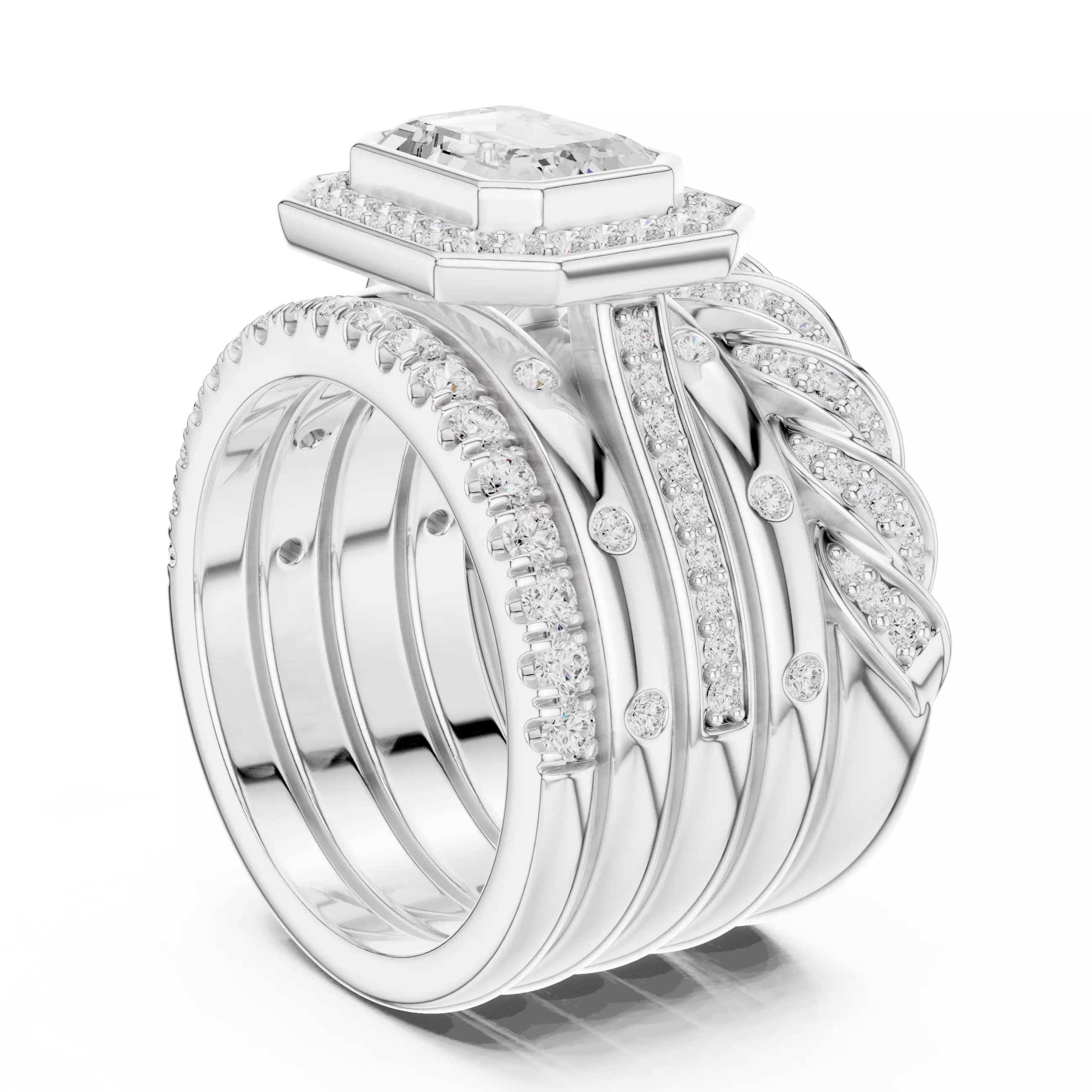 Five Band Looking Set Emerald Cut Bezel Set Ring 3DM STL Video 3D print model_11