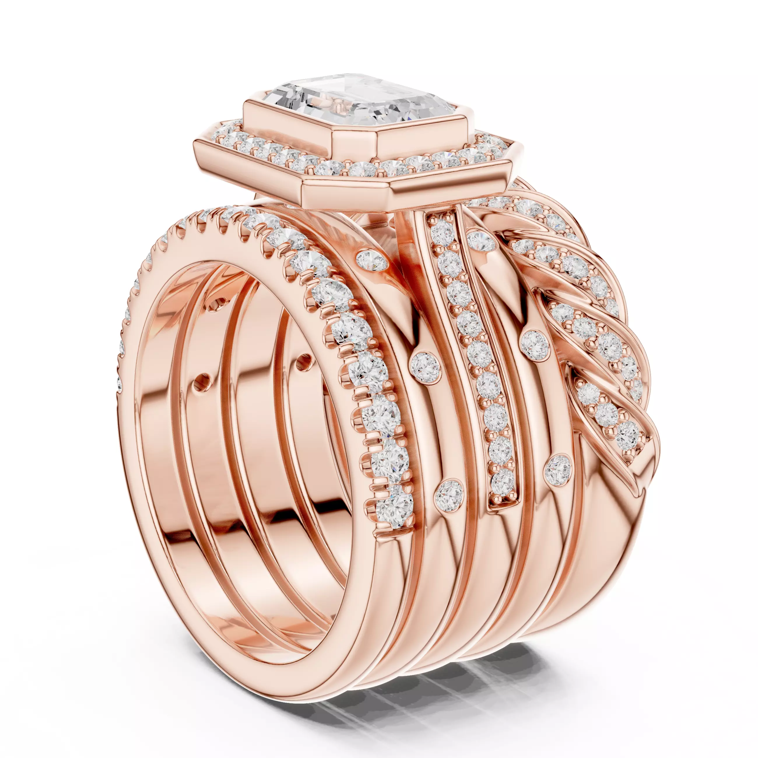 Five Band Looking Set Emerald Cut Bezel Set Ring 3DM STL Video 3D print model_3