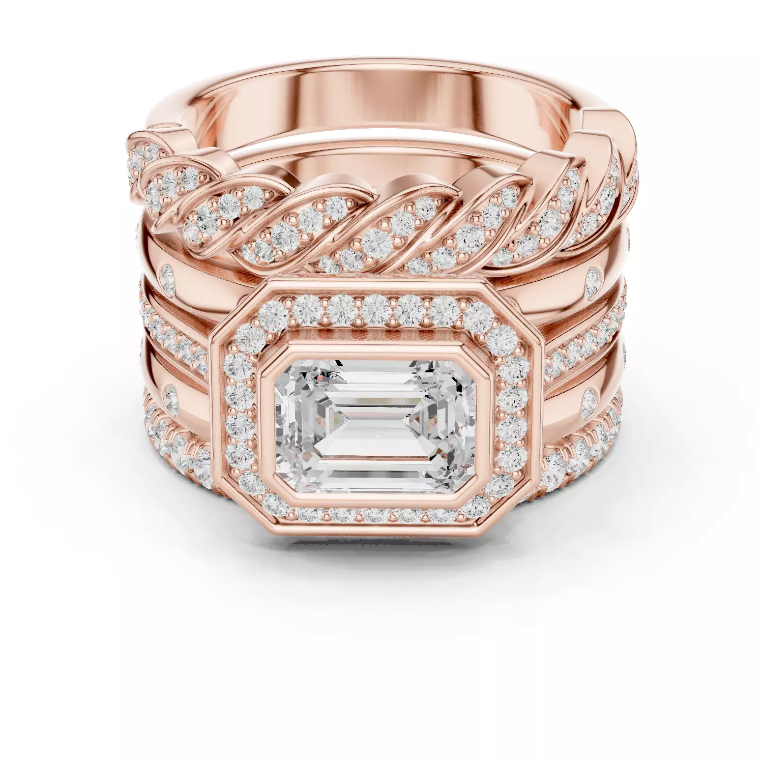 Five Band Looking Set Emerald Cut Bezel Set Ring 3DM STL Video 3D print model_0