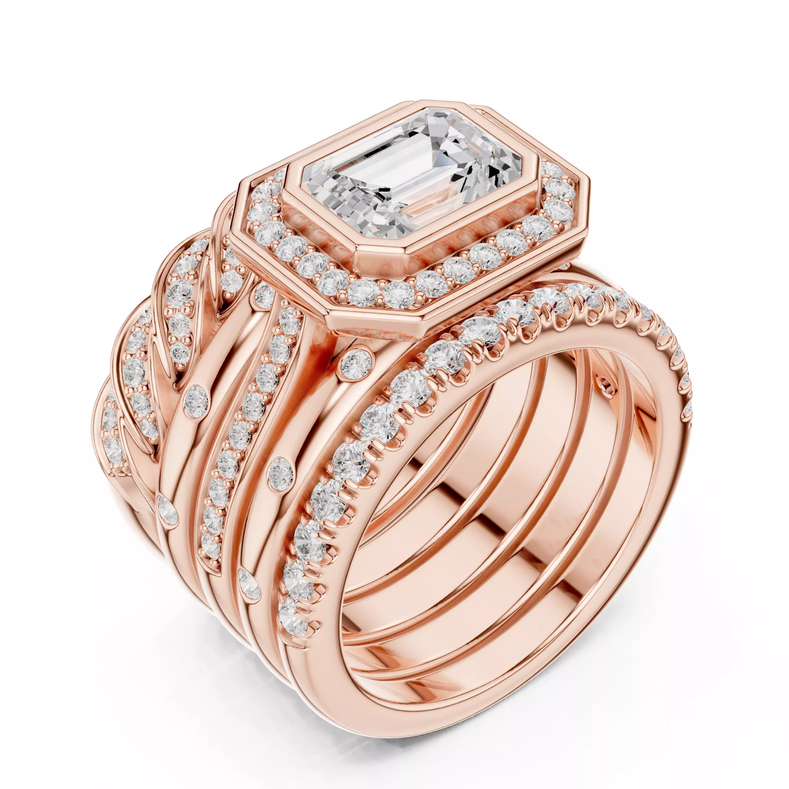 Five Band Looking Set Emerald Cut Bezel Set Ring 3DM STL Video 3D print model_4