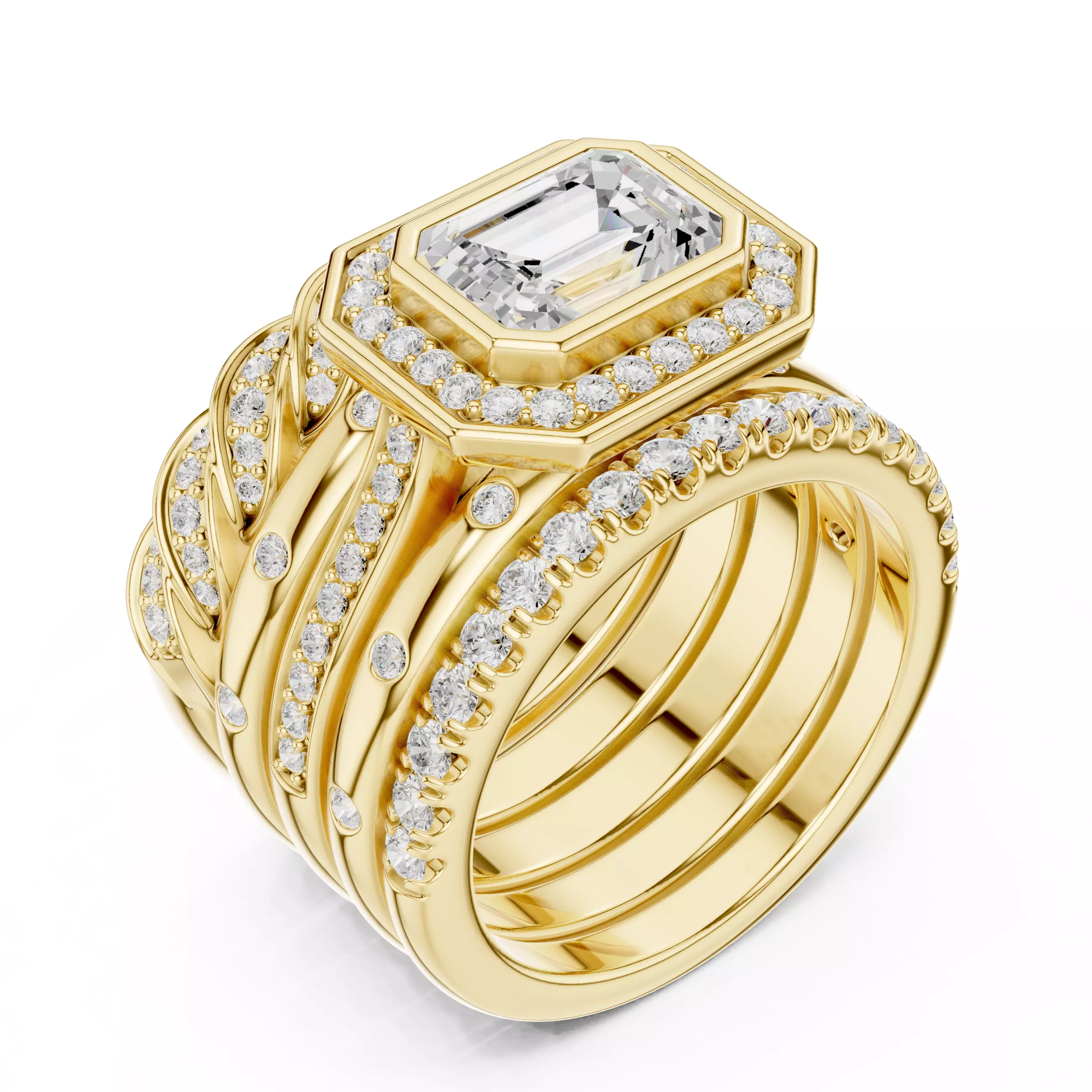 Five Band Looking Set Emerald Cut Bezel Set Ring 3DM STL Video 3D print model_8