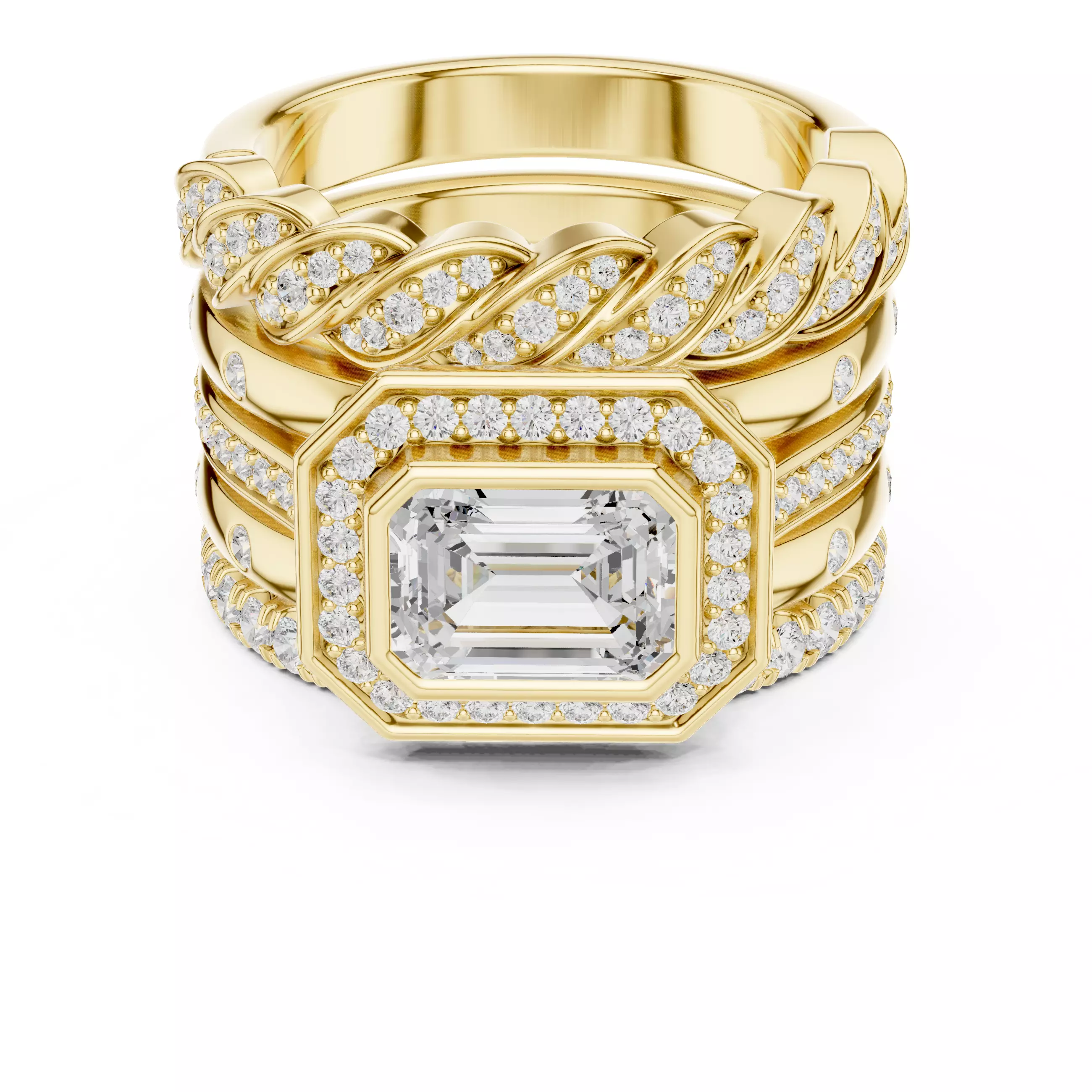 Five Band Looking Set Emerald Cut Bezel Set Ring 3DM STL Video 3D print model_10