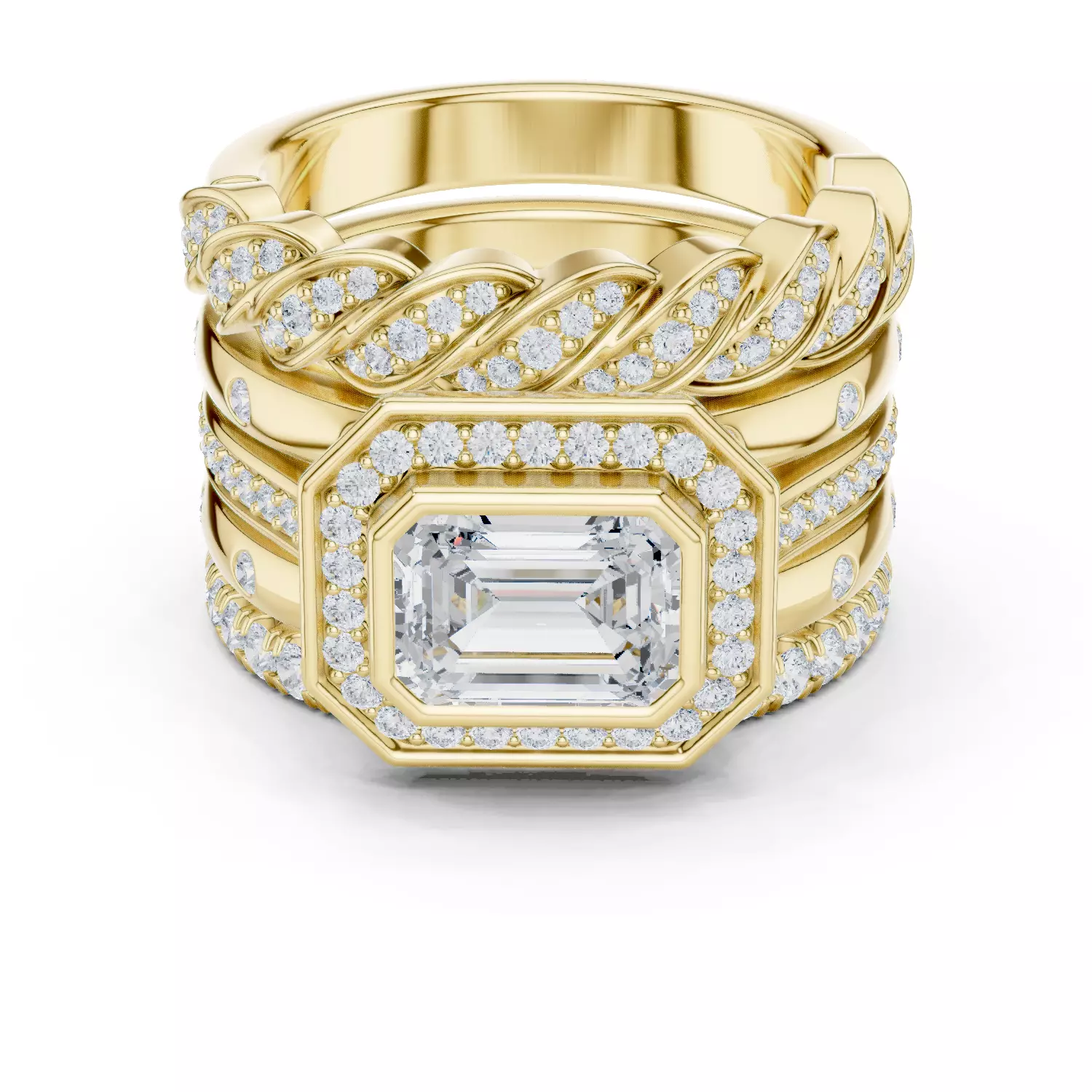 Five Band Looking Set Emerald Cut Bezel Set Ring 3DM STL Video 3D print model_1