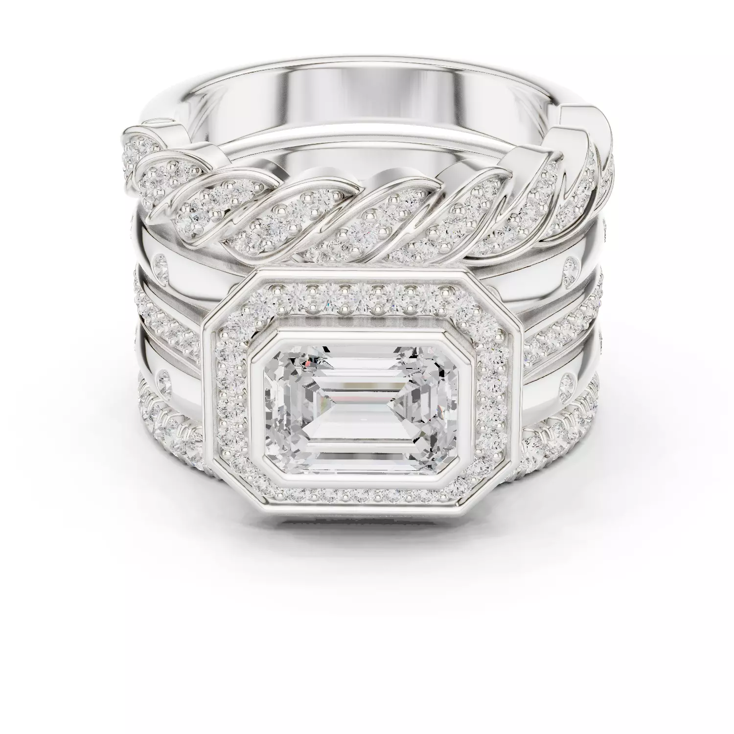 Five Band Looking Set Emerald Cut Bezel Set Ring 3DM STL Video 3D print model_2