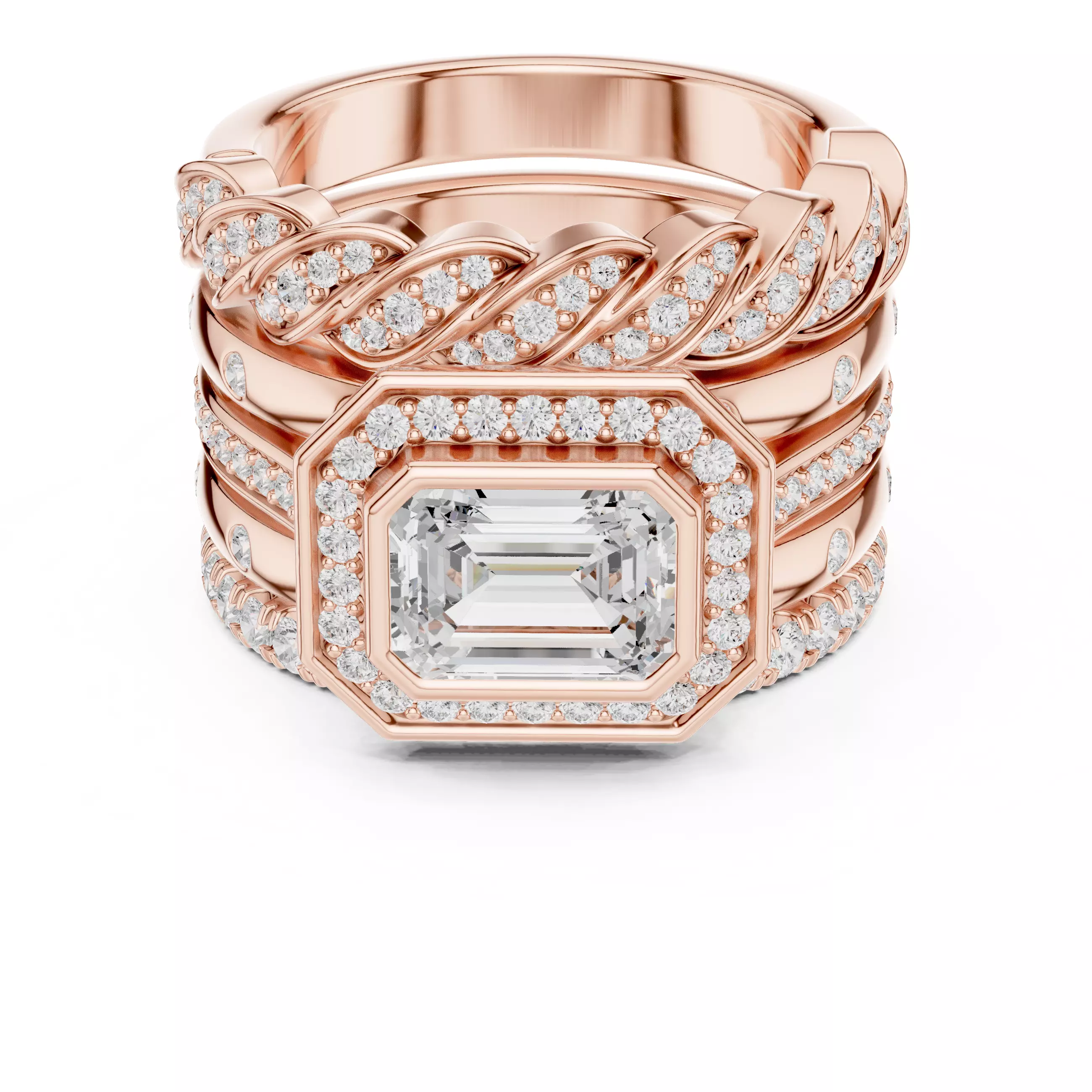 Five Band Looking Set Emerald Cut Bezel Set Ring 3DM STL Video 3D print model_6