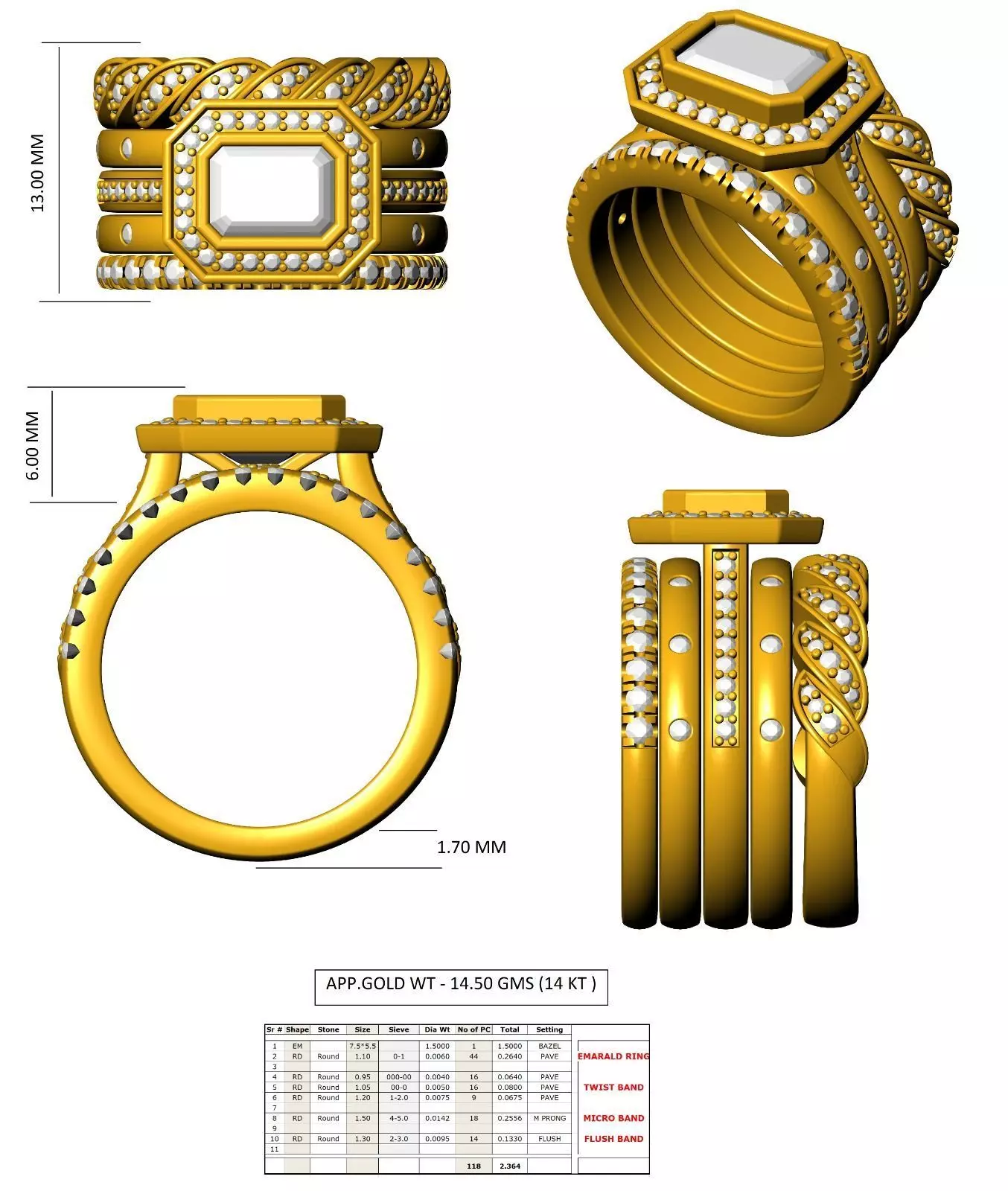 Five Band Looking Set Emerald Cut Bezel Set Ring 3DM STL Video 3D print model_15