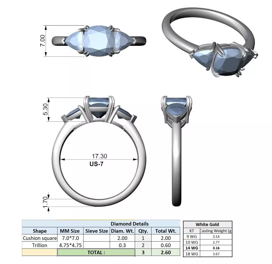 2Ct Cushion 30 Pointer Trillion Cut Three Stone Ring File Video 3D print model_15