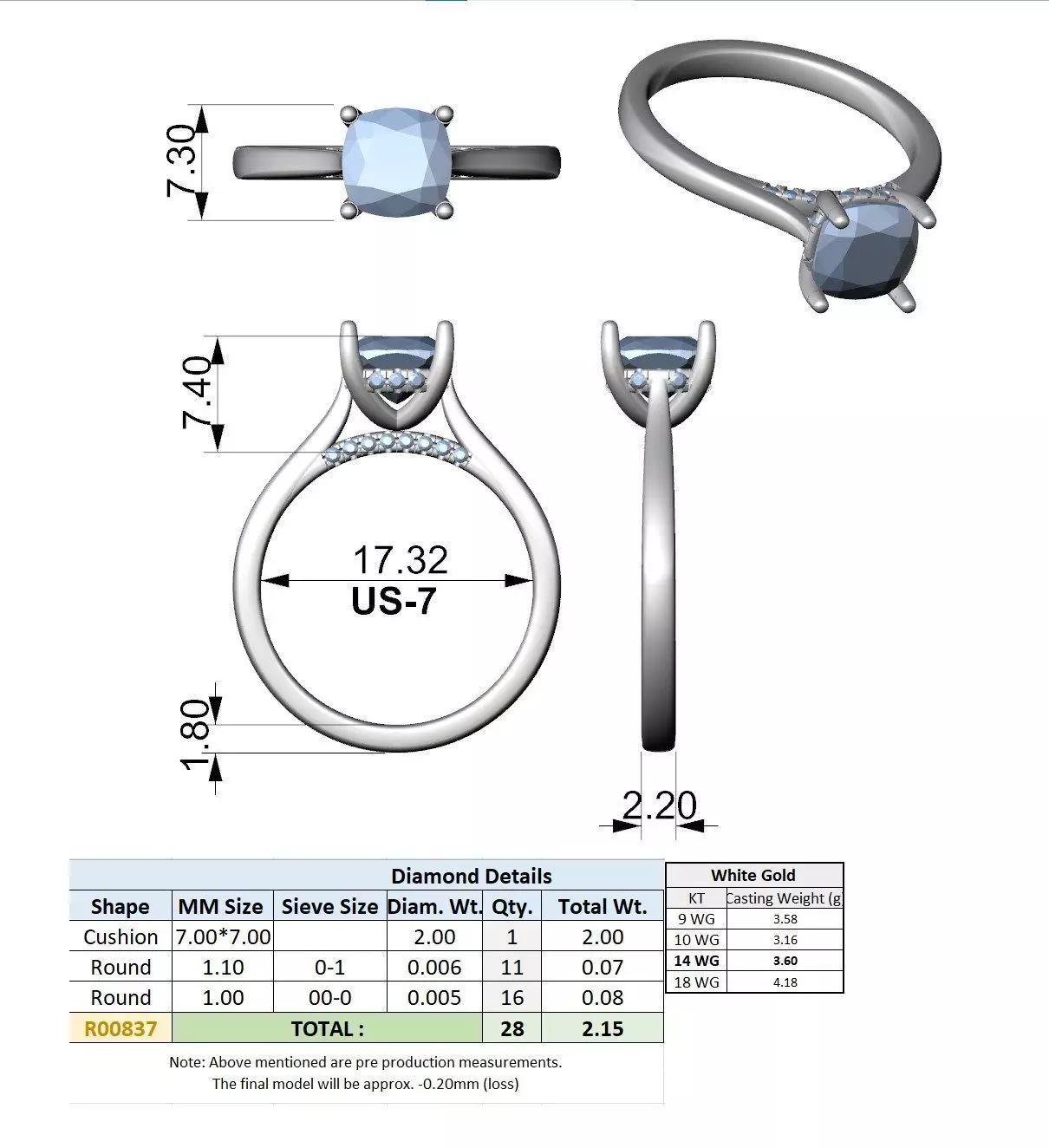 2CT Cushion Diamond Hidden Halo Wedding Ring 3DM STL Video 3D print model_15