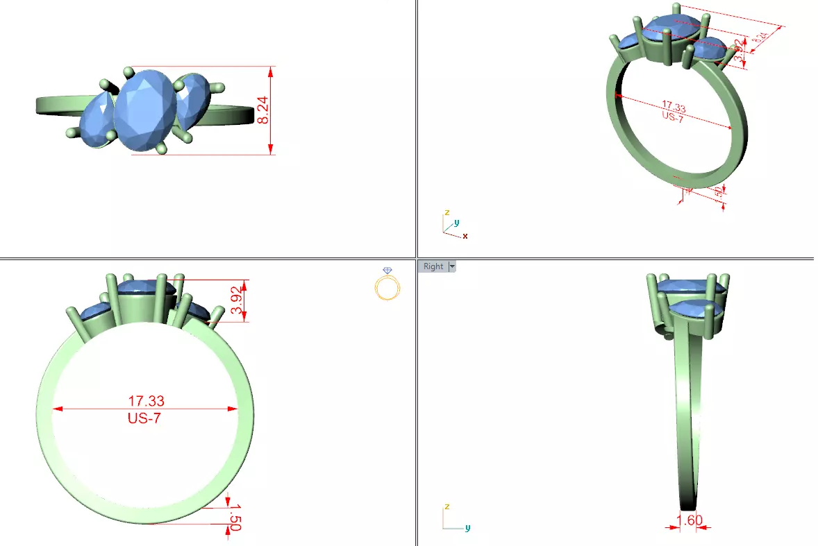 Three Stone Oval and Pear Cut Engagement Ring 3DM STL Video 3D print model_12