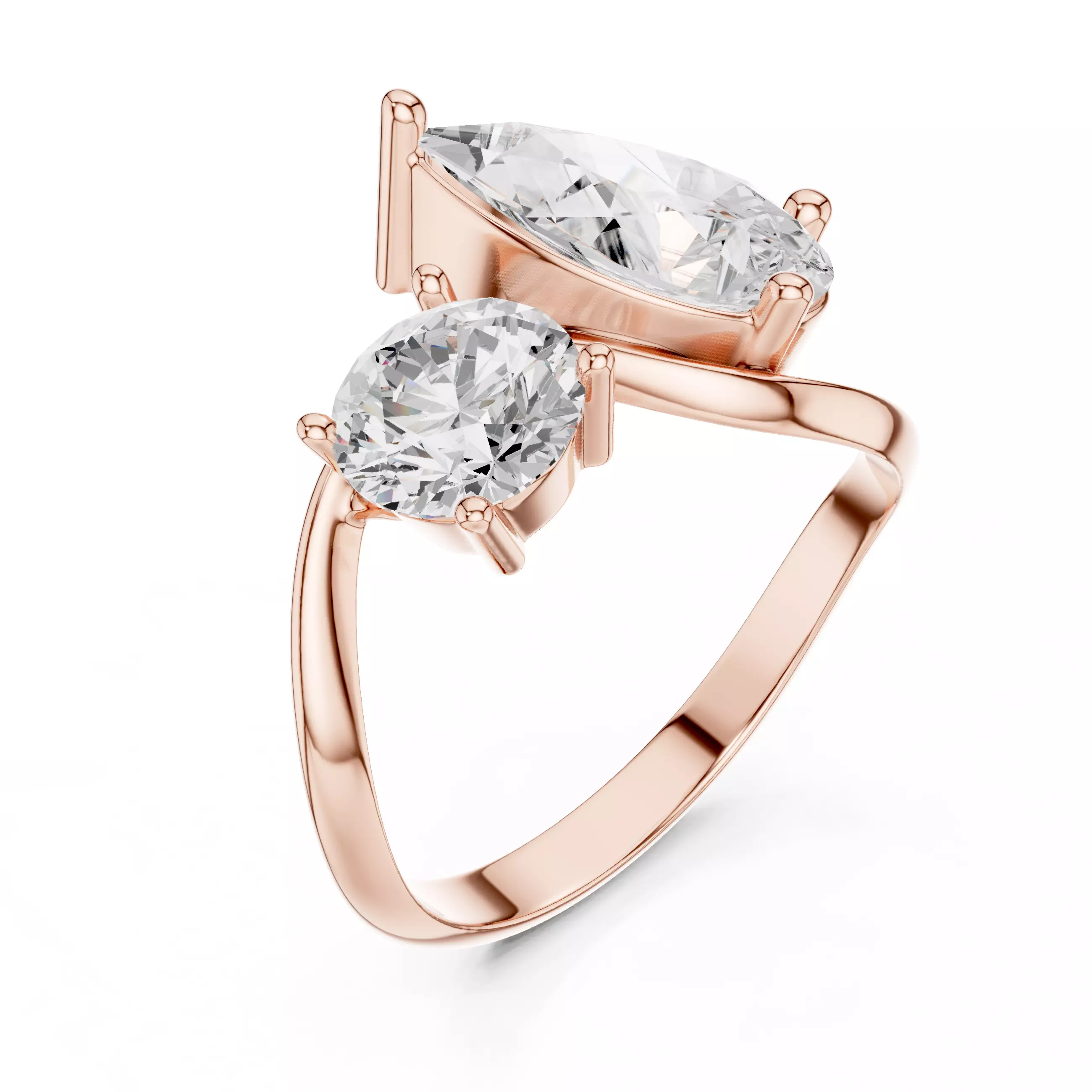 Toi Et Moi Pear and Round Cut Curve Wedding Ring 3DM STL Video 3D print model_4