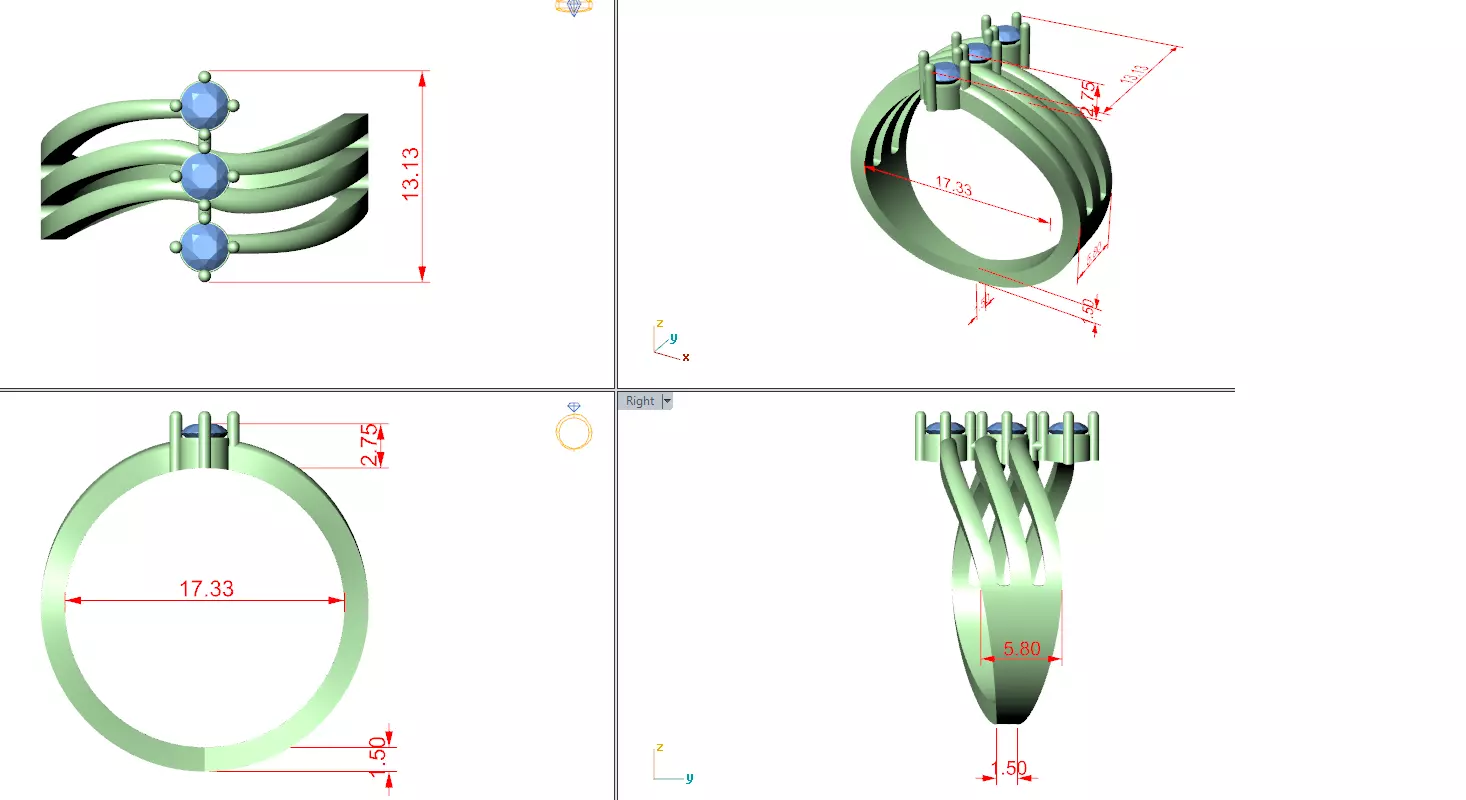 Four Band Three Stone Engagement Wedding Ring 3DM STL Video 3D print model_12