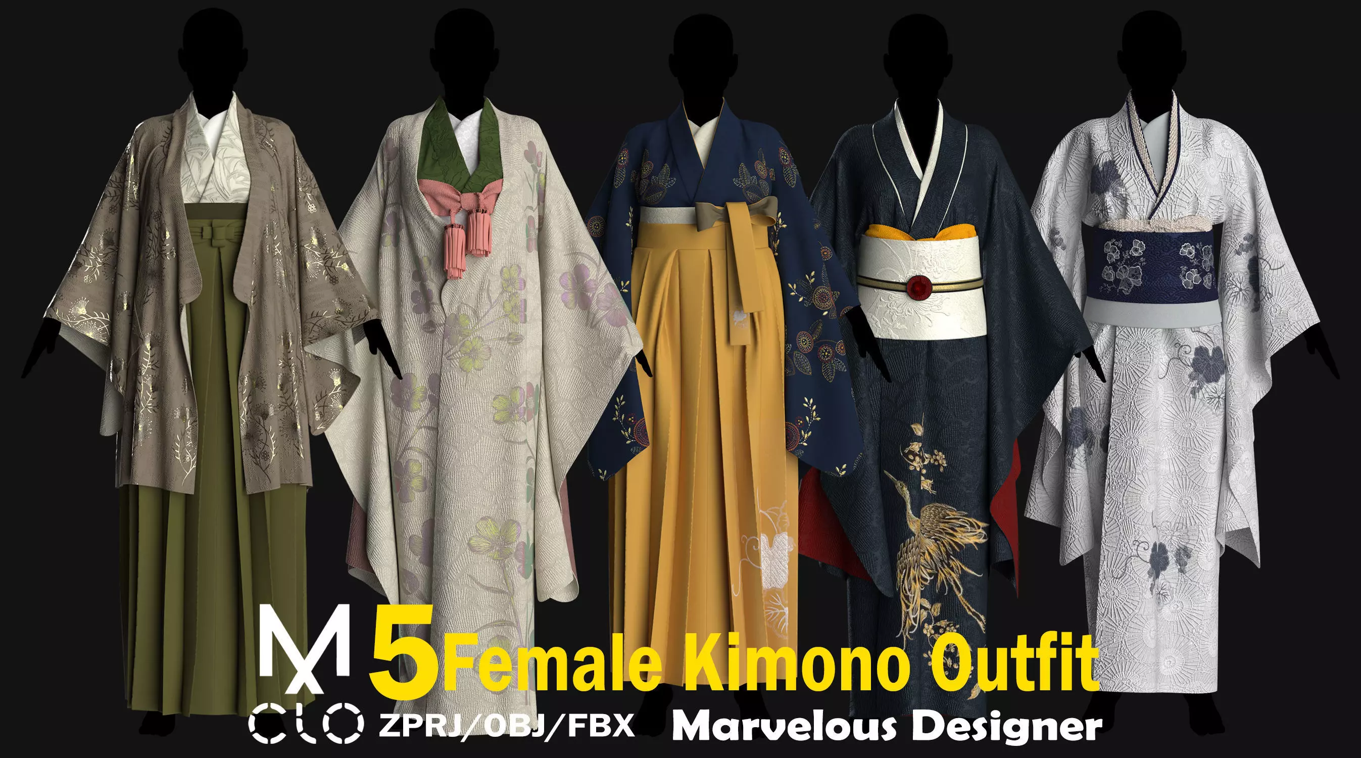 6 Female Kimono Outfit 3D model_0