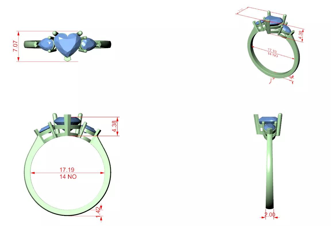 Three Stone Heart And Pear Cut Engagement Ring 3DM STL Video 3D print model_12