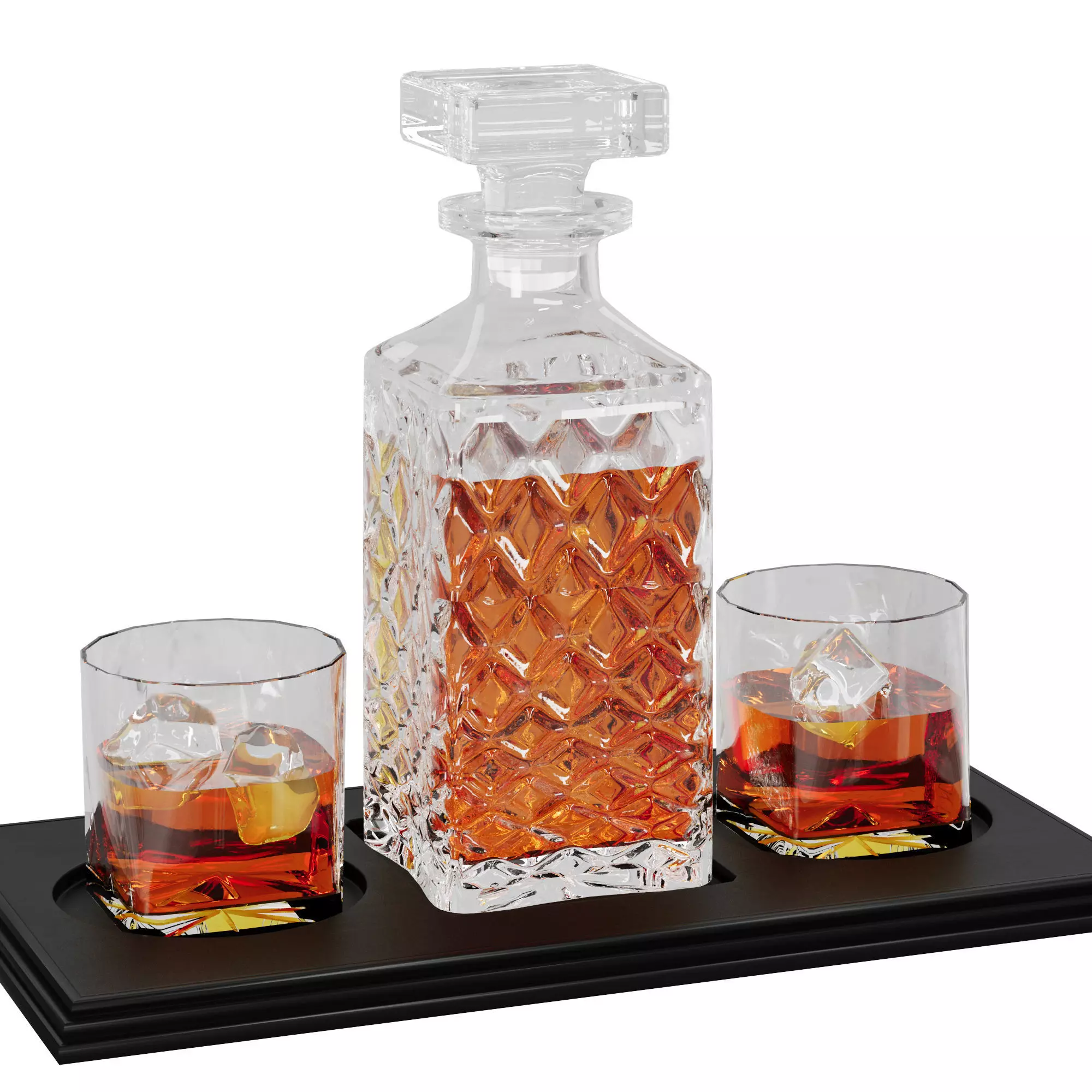 N10 Elegant Whiskey Decanter Set with Glasses on Black Tray 3D model_3