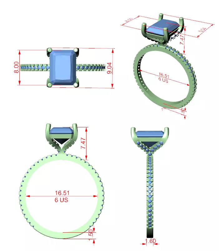 2CT Radiant Cut Diamond Engagement Wedding Ring 3DM STL Video 3D print model_12
