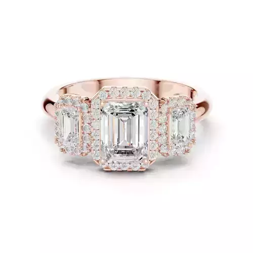 Three Stone Emerald Cut Halo Diamond Wedding Ring 3DM STL Video