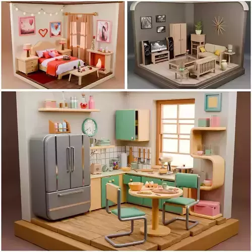 Stylized Isometric Home Pack  Kitchen Living Room  Bedroom