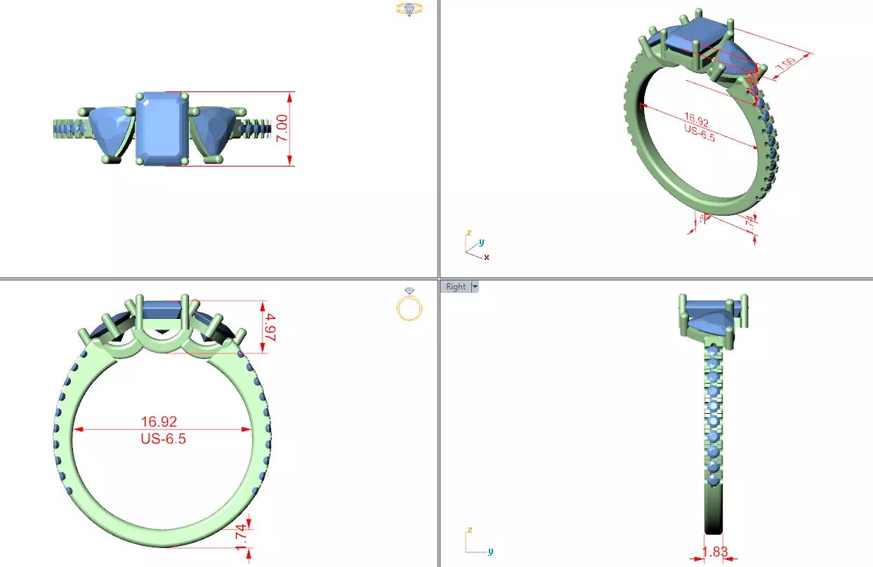 Emerald and Trillion Cut Engagement Wedding Ring 3DM STL Video 3D print model_15