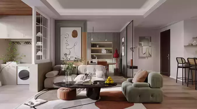 Modern living room and dining room bedroom scene