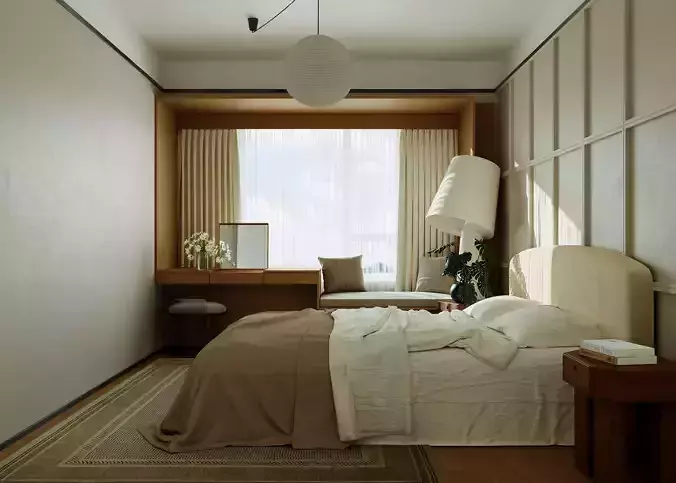 Modern Minimalist Beige Bedroom Interior 051