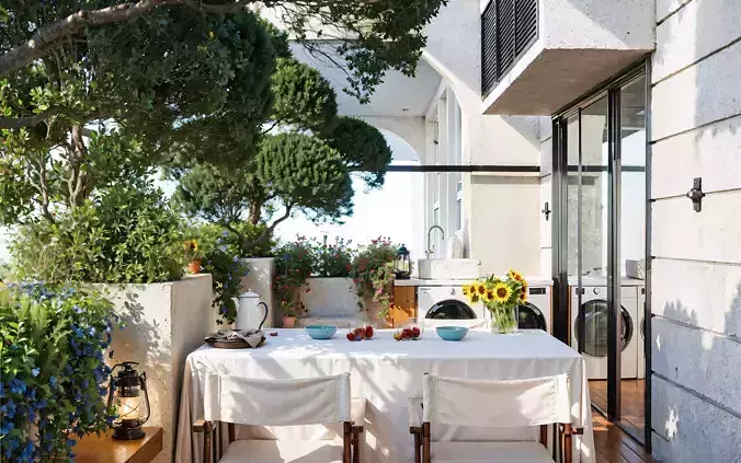 Modern Balcony Dining Space with Firepit and Greenery 047 3D model 3