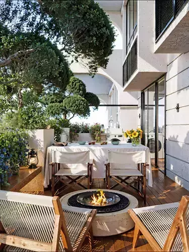 Modern Balcony Dining Space with Firepit and Greenery 047 3D model