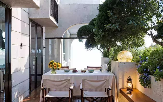 Modern Balcony Dining Space with Firepit and Greenery 047 3D model 4