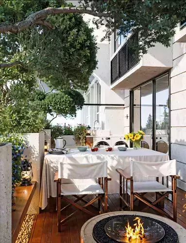 Modern Balcony Dining Space with Firepit and Greenery 047 3D model 2