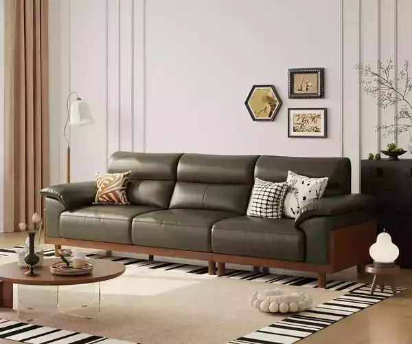 Modern Living Room with Green Leather Sofa 028