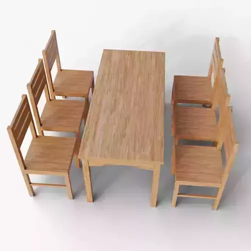 Wooden Dining Table Set 3D Model With 6 Chairs Included