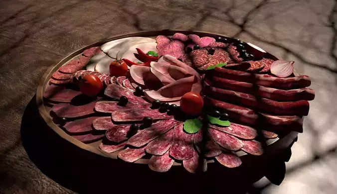 Tray with smoked meats and sausages with vegetables