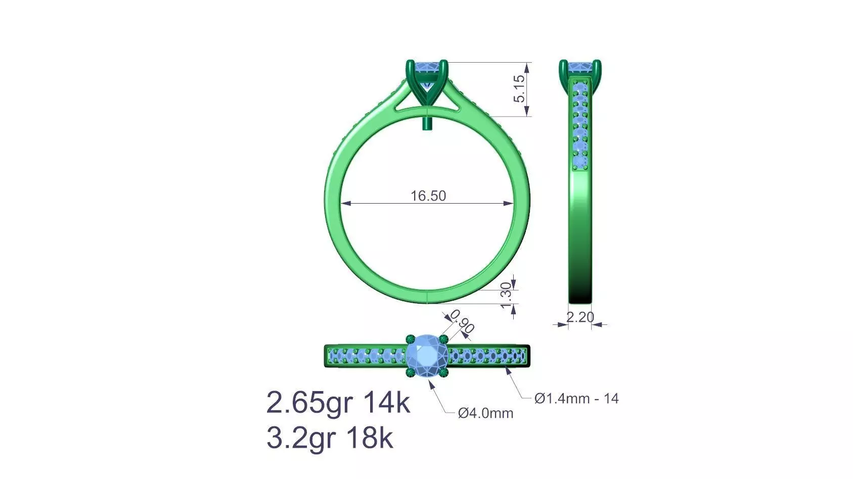 Engagement Ring with Solitaire and Side Diamonds 3D print model_2