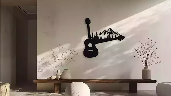 Guitar Mountain Forest Silhouette Wall Decor Art
