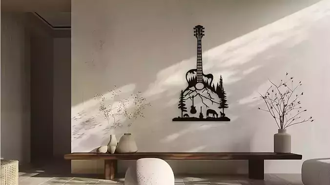 Guitar Mountain Forest Animals Wall Decor Art