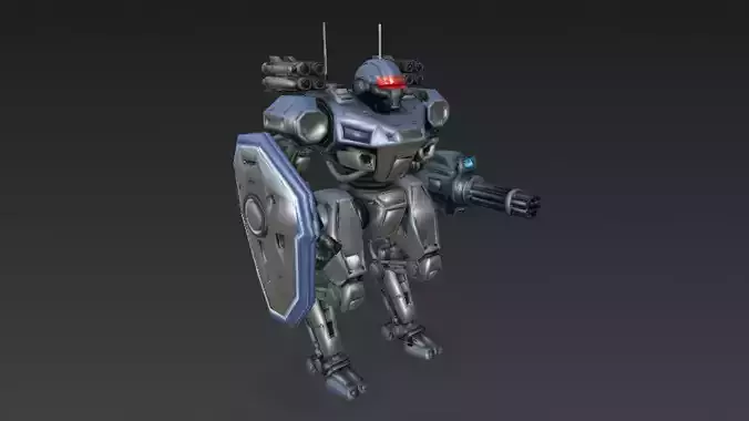 Futuristic Cartoon Battle Robot with Shield PBR 3D Model