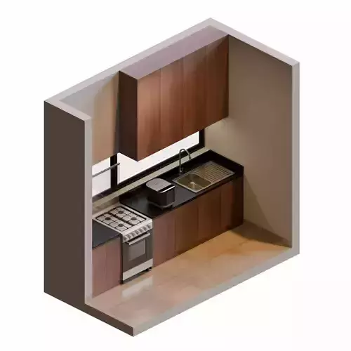 Walnut And Black Isometric Kitchen