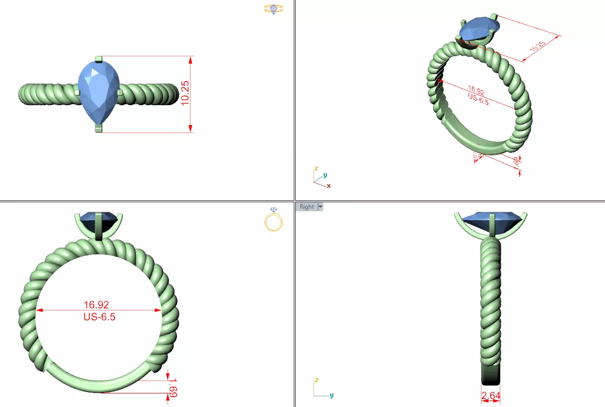 1CT Pear Cut Solitaire Engagement Ring Rope Band 3DM STL Video 3D print model_15