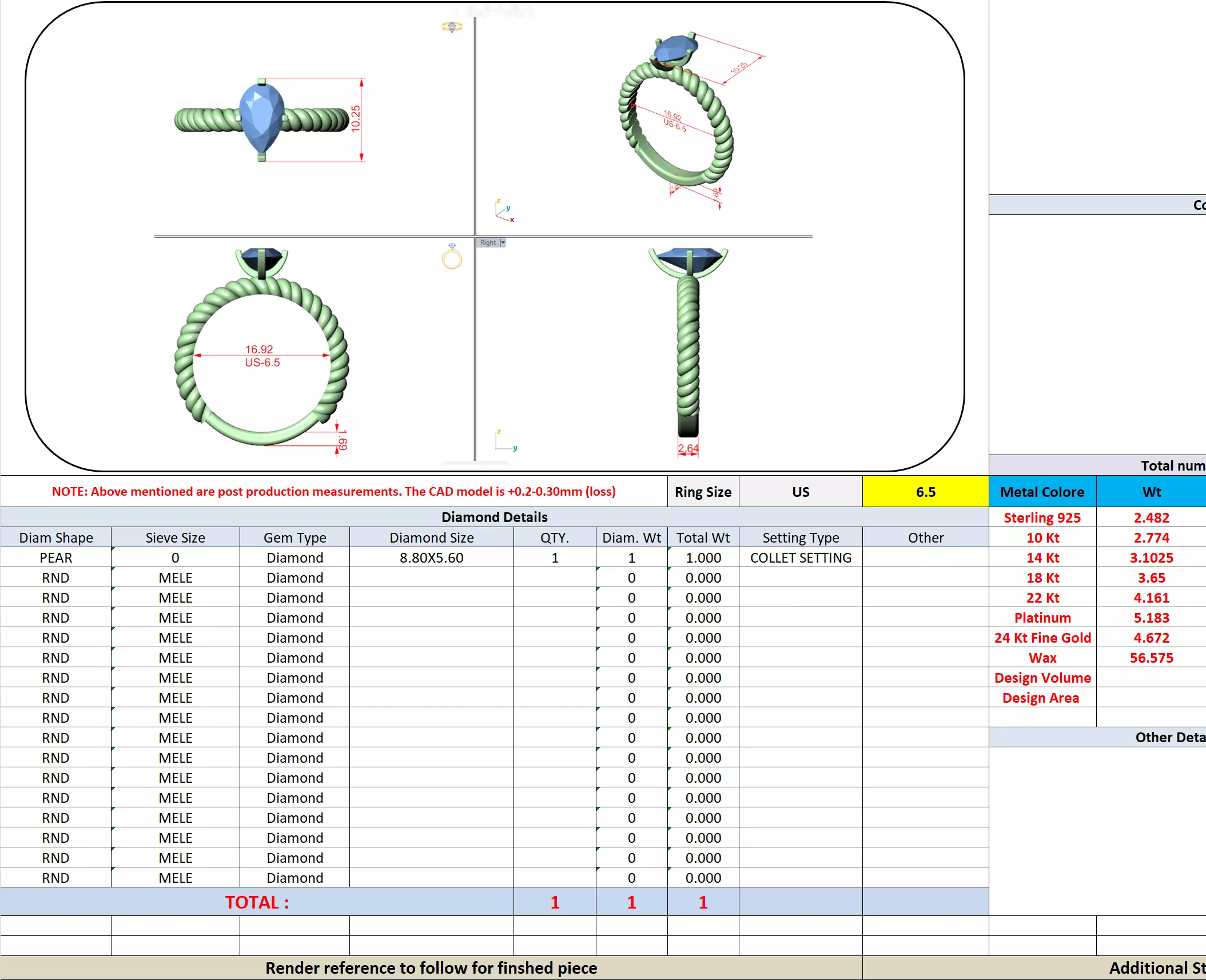 1CT Pear Cut Solitaire Engagement Ring Rope Band 3DM STL Video 3D print model_16