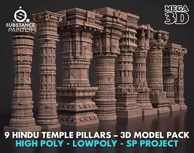 9 Hindu Temple Pillars 3D Pack 250828 Low-poly 3D model