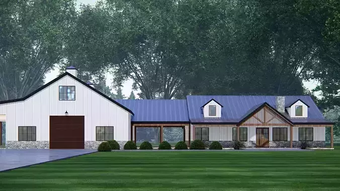 3D Model of Modern Barndominium House Exterior