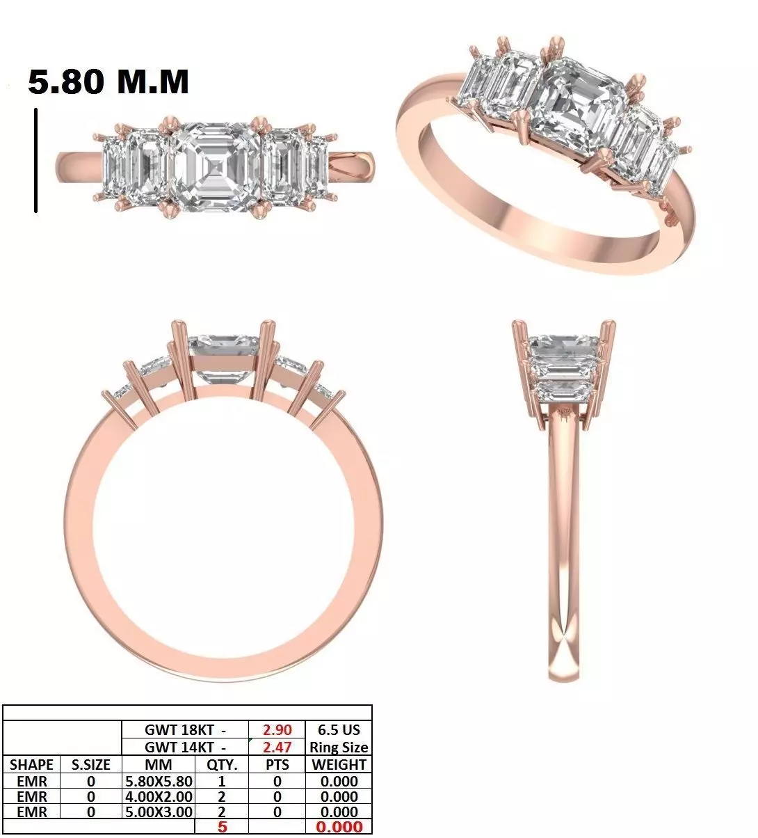 Asscher and Baguette Cut Five Stone Wedding Ring 3DM STL Video 3D print model_15