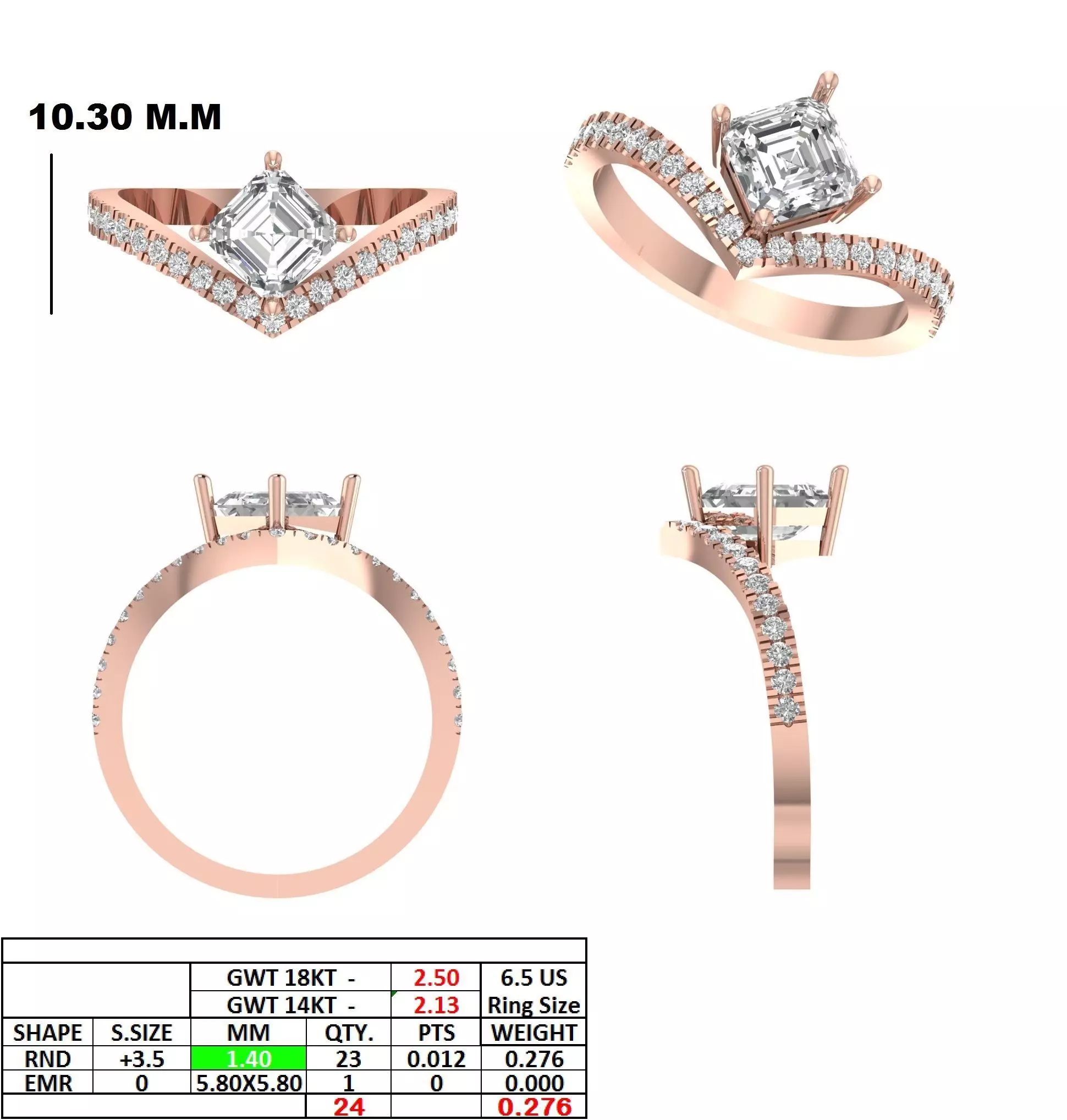 V Shape Chevron Curve Asscher Cut Wedding Ring 3DM STL Video 3D print model_15