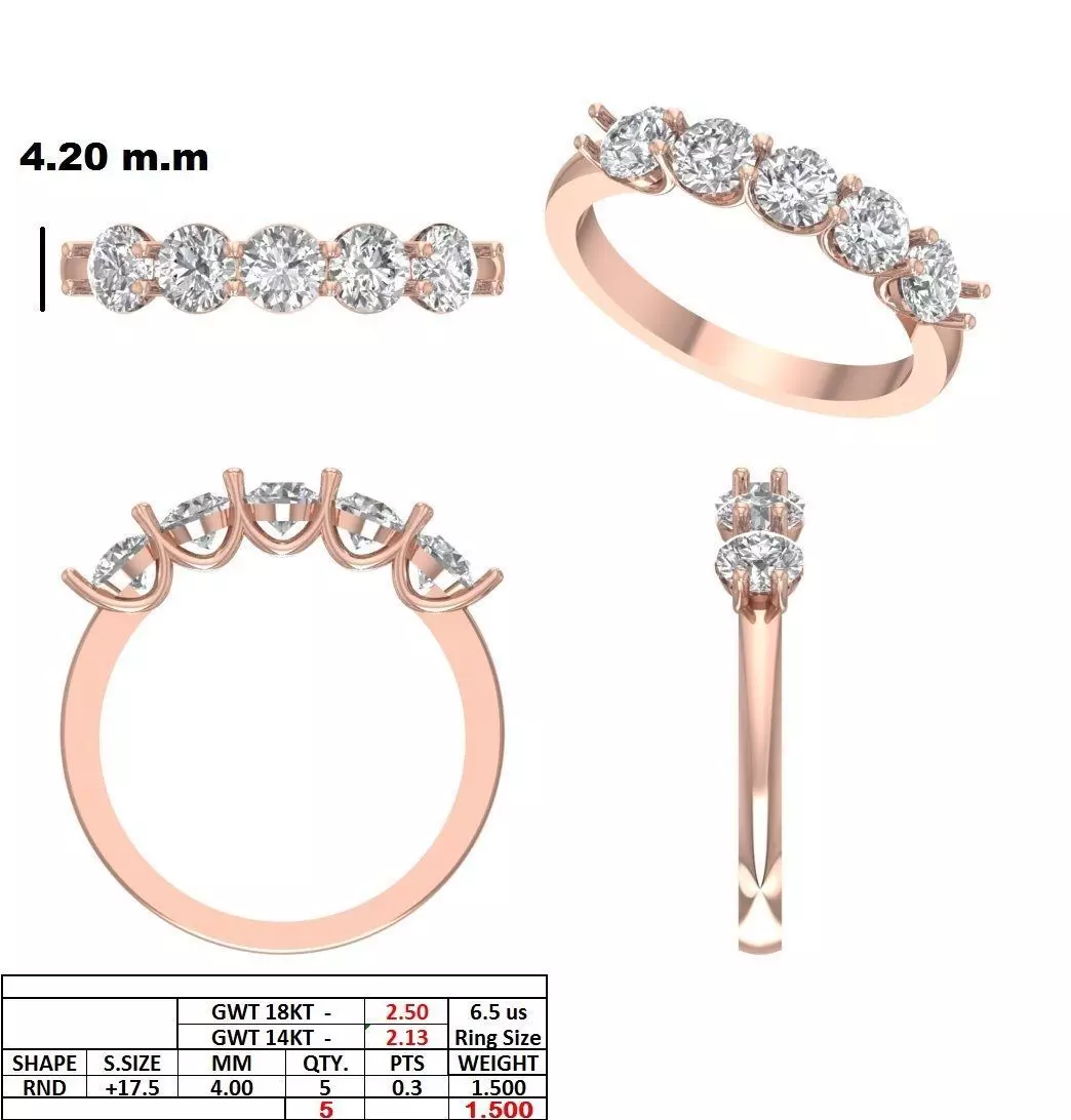 4mm Round Cut Five Stone Engagement Wedding Band 3DM STL Video 3D print model_15